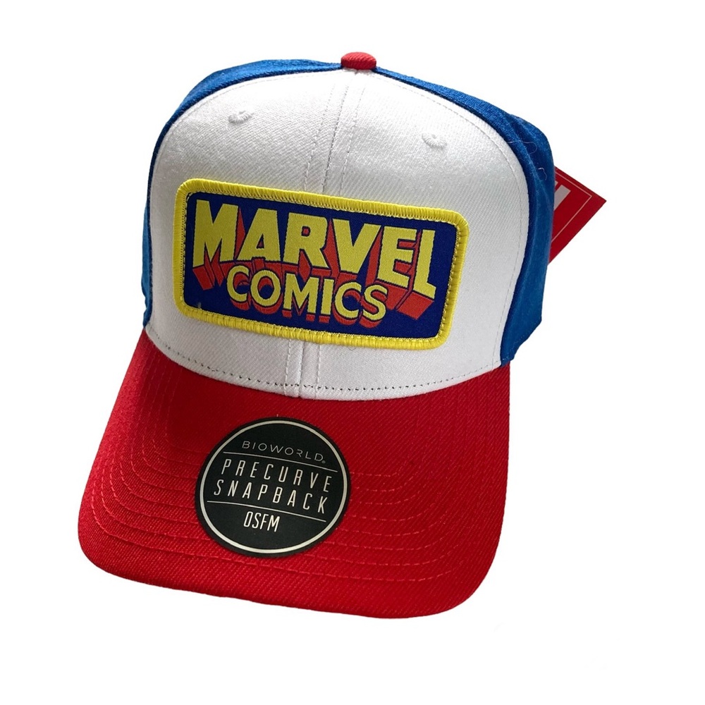 MARVEL Comics Blue White Red Structured Logo Patch Snapback Hat NWT
